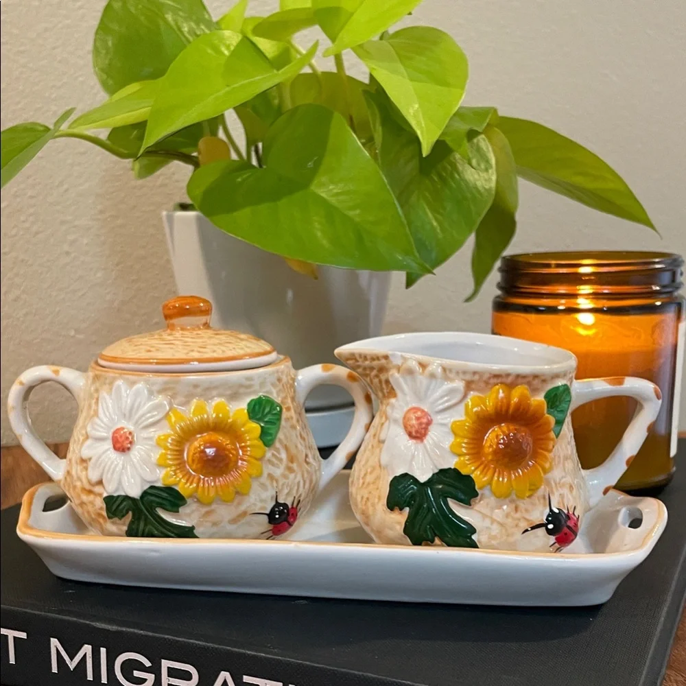 Vintage Casa Nova Sugar & Creamer Set | Sunflowers & Ladybugs | Ceramic Tray